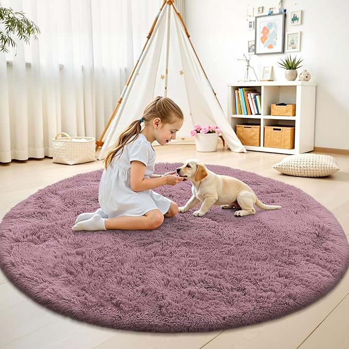 OLANLY Blush Round Rugs for Bedroom - Machine Washable, 9 ft Circle Area Rugs for Living Room, Soft and Fluffy Shaggy Carpet for Teen Girls and Boys, Nursery Rooms, Dorms, Home Decor Aesthetic