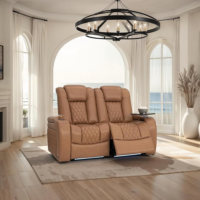 Seatcraft Diamante Zero-Gravity CoolZero Italian Leather Home Theater Seating, Power Headrest, Power Recline, Row of 2 Loveseat, Tan Oak
