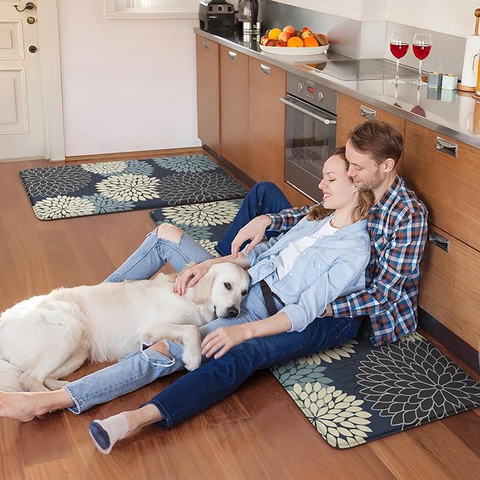 KIMODE Padded Anti Fatigue Rug Sets of 2, Ergonomic Standing Kitchen Rugs 2PCS, Boho Kitchen Mats for Floor 2 Pieces Stain Resistant, Non Slip Kitchen Sink Floor Mat Waterproof, 20"x32"+20"x47", Blue