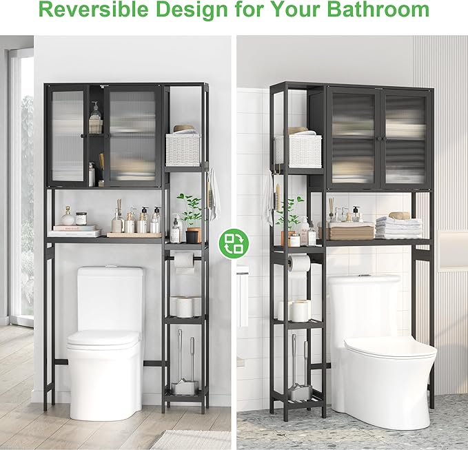 Over The Toilet Storage Cabinet Above Toilet Bathroom Organizer with Toilet Paper Holder Stand Bath Organizer with Adjustable Shelves & Acrylic Doors,Anti-Tip Device (Black, 3 Tiers with Cabinet)