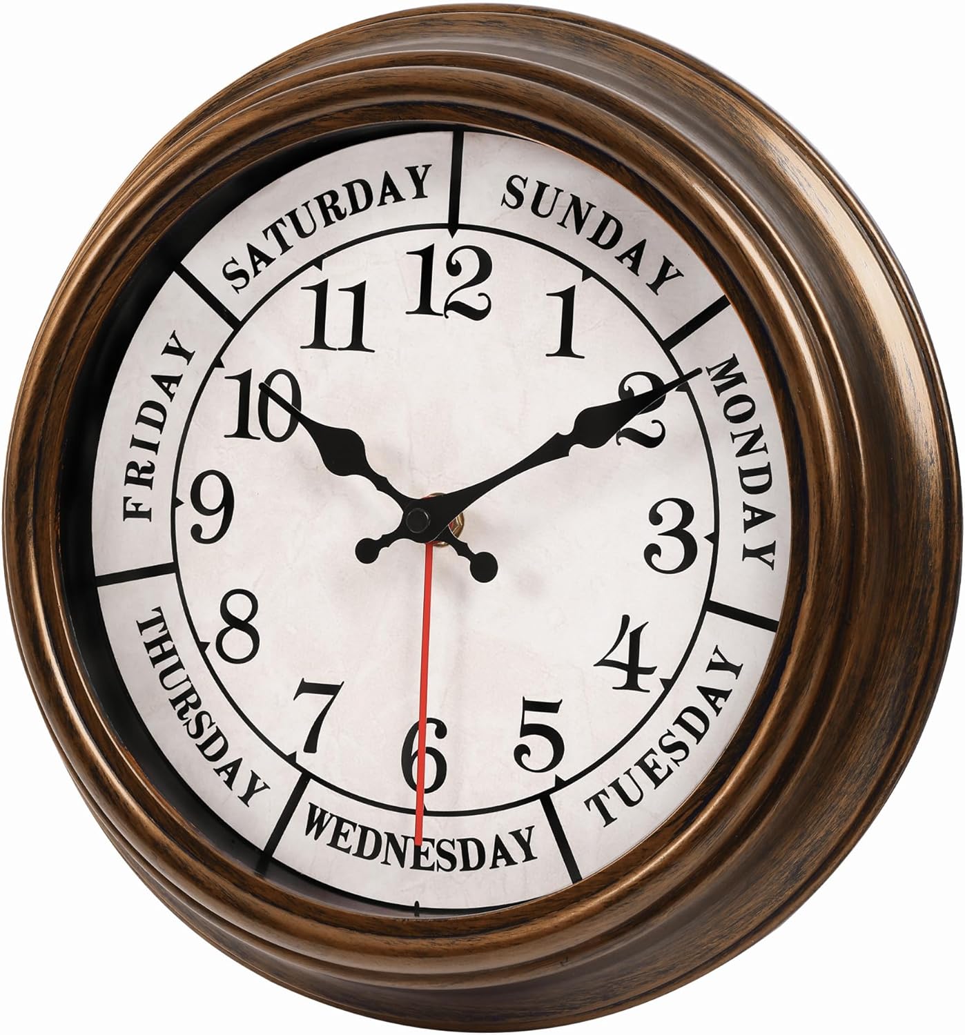 45MinST 12 Inches Retro Wall Clock,Day of The Week Wall Clock,Calendar Day Clock,Silent Non Ticking Battery Operated Movement(Bronze)