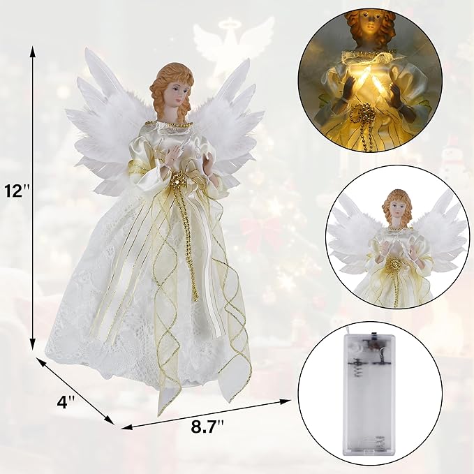 YOFIT 12-inch Lighted Angel Christmas Tree Topper - Battery Operated with Warm White LED Lights, Angel Ornaments for Xmas Tree Decor, Home Holiday Decorations