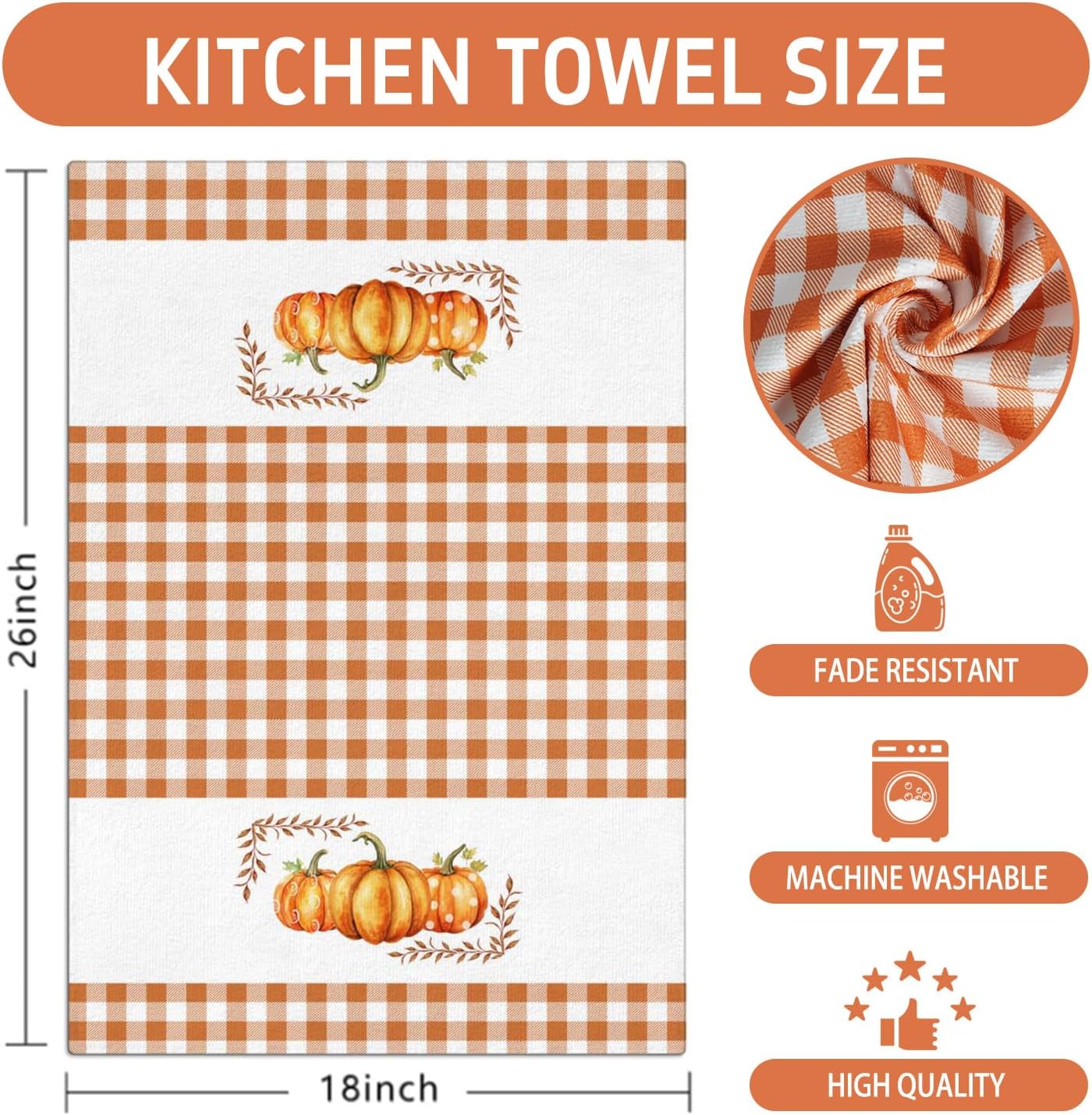 Fall Kitchen Towels Orange Pumpkin Maple Autumn Dish Towels Home Farmhouse Thanksgiving Kitchen Decor Set of 2, 18x26 Inch