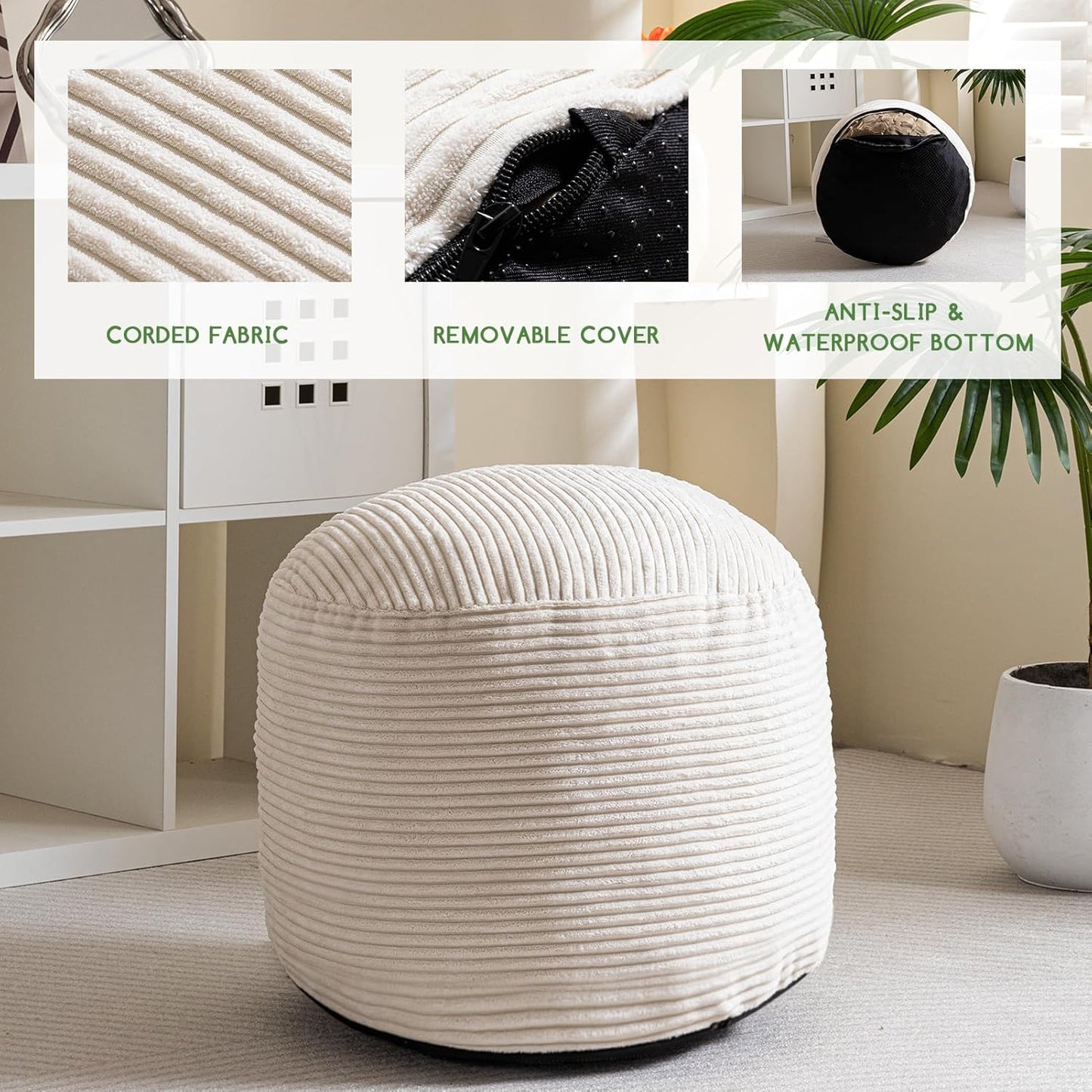 HIGOGOGO Round Stuffed Pouf Ottoman, Corduroy Poufs with Foam Chunk Filling, Corduroy Pouf Foot Stool Storage Ottoman, 26 X 18 Floor Poufs Foot Rest for Living Room, Beige