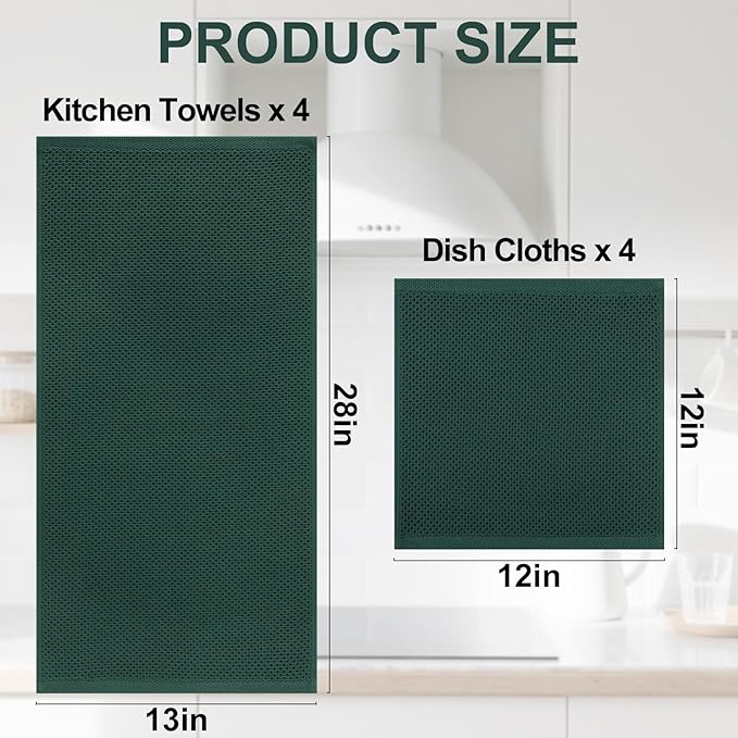 Homaxy 100% Cotton Kitchen Towels and Dishcloths Set, 12 x 12 Inches and 13 x 28 Inches, Set of 8 Bulk Kitchen Towels Set, Ultra Soft Absorbent Dish Cloths for Washing Dishes, Blackish Green