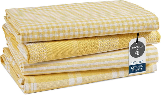 LANE LINEN Cotton Kitchen Towels Set, 4-Pack – Absorbent, Quick-Drying Dish Towels, 18" x 28" - Yellow