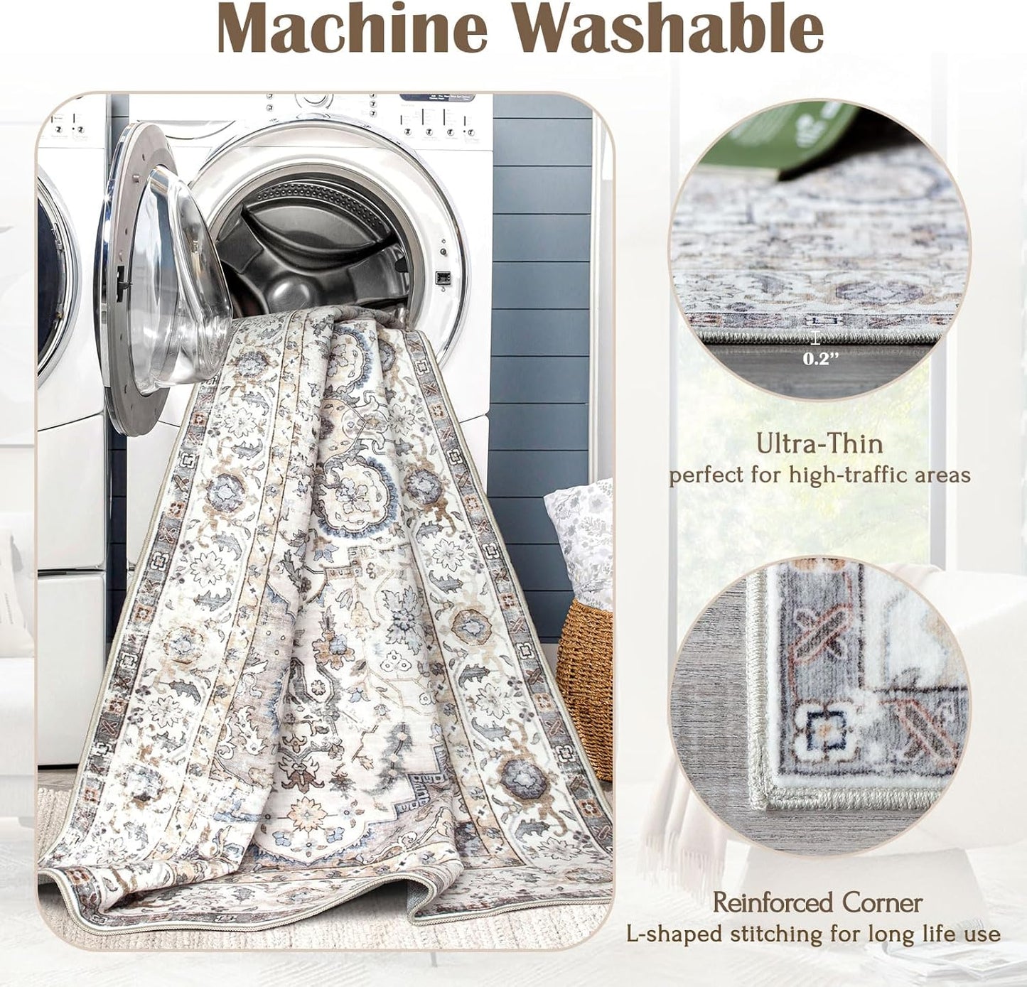 Area Rugs 9x12 Living Room - Large Washable Cream Boho Rugs for Bedroom Soft Vintage Rug Ultra-Thin Farmhouse Oriental Carpet Stain Resistant Rug for Dining Room Guest Room Home Decor