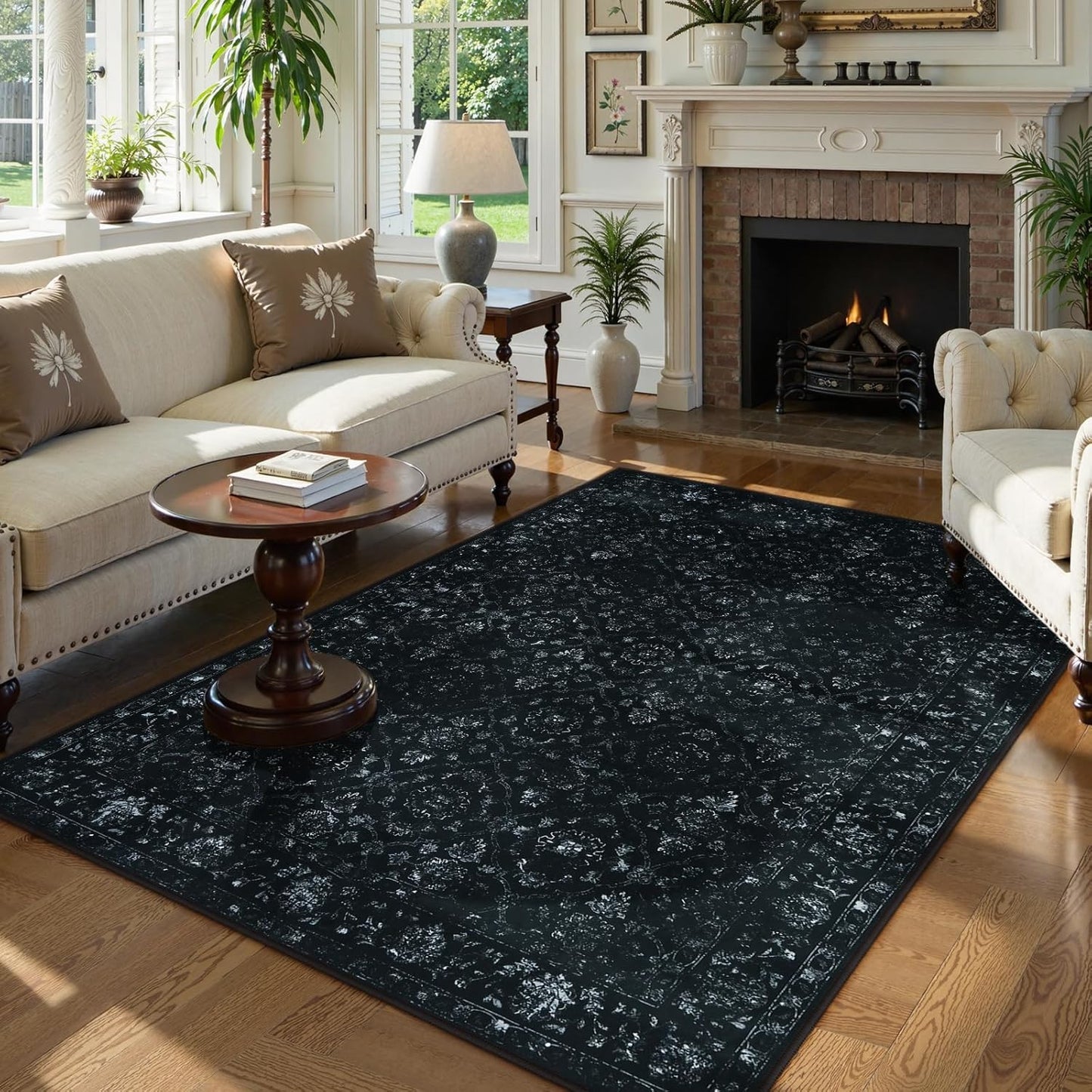 Vintage Black Rug for Bedroom, Non Slip Washable Area Rugs 5x7 for Living Room, Ultra-Thin Soft Boho Bedroom Rug for Dining Room Office (5'x7', Black)