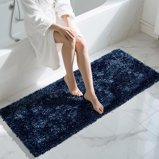 Yimobra Long Bathroom Rugs Runner 60x24 Inch, Extra Thick Soft Absorbent Chenille Bath Mat, Non Slip Machine Washable, Quick Dry Bath Rugs for Bathroom Floor, Tub and Shower, Navy Blue