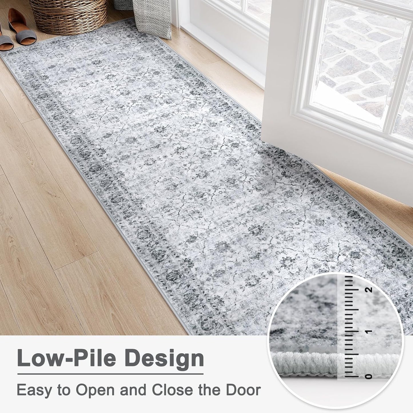 Vintage Machine Washable Runner, 2.6x10 Non Shedding Hallway Rug for Bedroom Bathroom, Ultra-Thin Soft Non Slip Carpet Runners for Entryway Laundry Room (2'6"x10', Grey)