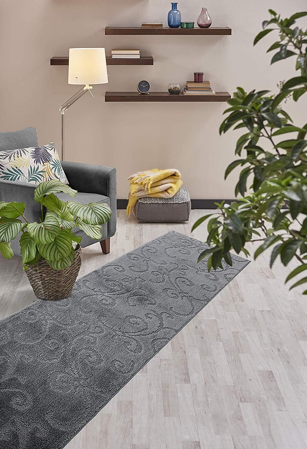 29 FT Long Non Slip Washable Carpet Runner Rug with Rubber Backing, Custom Floor Mat for Kitchen Hallway Stairs Bedroom Bathroom Entry, Scroll Anthracite Grey, Your Choice of Length