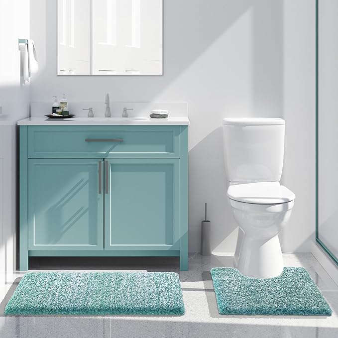 Yimobra Toilet Rugs U Shaped 24x20, Ultra Soft and Water Absorbent Bath Mats, Non Slip Fluffy Luxury Microfiber Contour Bath Rugs for Toilet, Dry Quick, Machine Washable, Teal and White