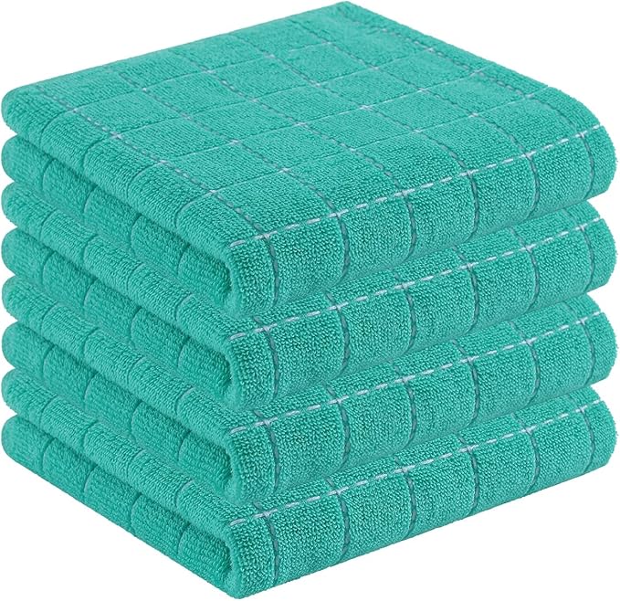Homaxy 100% Cotton Terry Kitchen Towels(Turquoise, 13 x 28 inches), Checkered Designed, Soft and Super Absorbent Dish Towels, 4 Pack