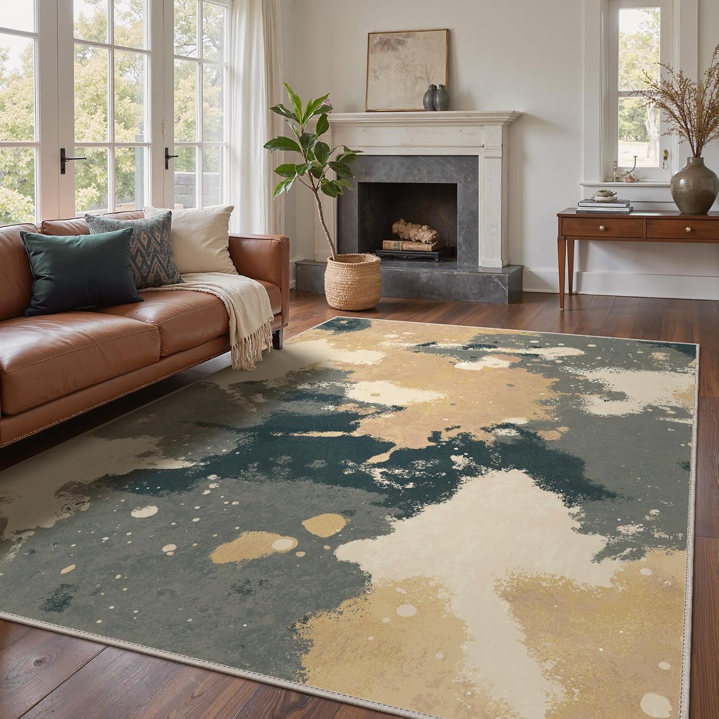 Area Rugs 8x10 for Living Room Bedroom, Modern Splash Abstract Machine Washable Rug, Large Soft Low Pile Floor Cover with Non Slip Backing for Dining Room, Cream/Gray/Brown