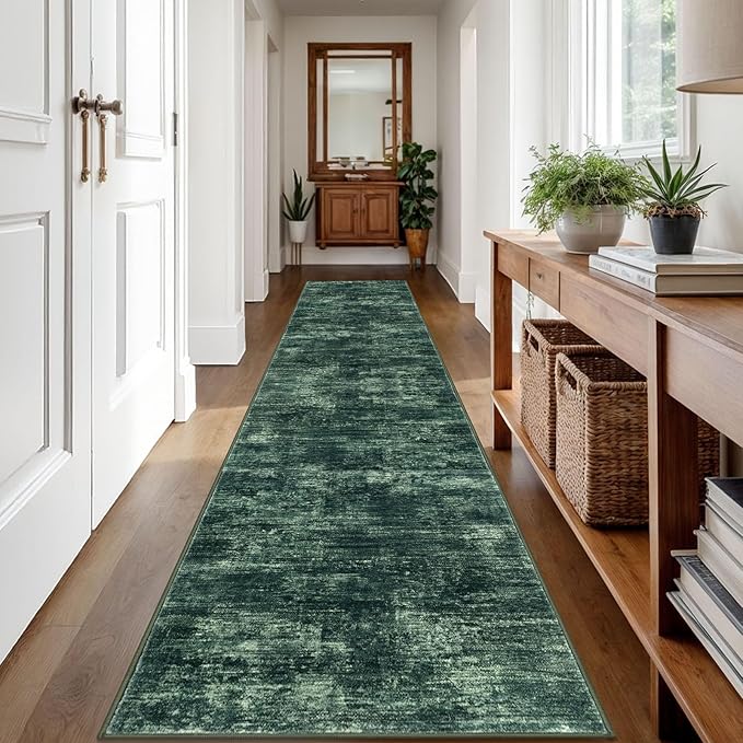 IOHOUZE Abstract Runner Rug 2x12 Ft Washable Runners for Hallways, Non Slip Kitchen Runner Printed Faux Wool Entryway Runner Indoor, Modern Abstract Floor Carpet for Hall Kitchen, Dark Green