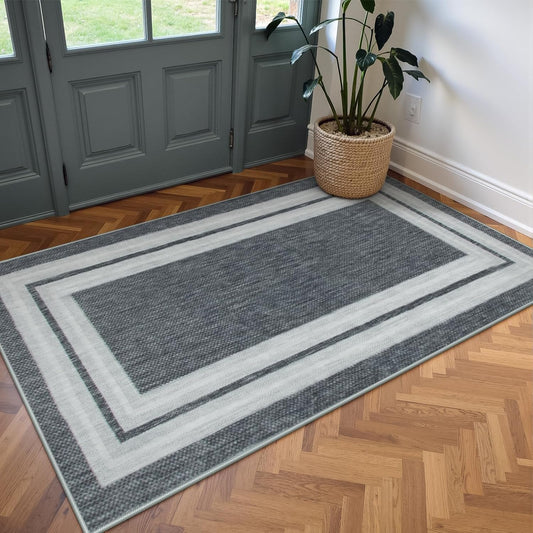 OJIA Modern Bordered Washable Rug 3'x5', Non Slip Throw Rugs for Entryway Soft Bedroom Entry Mat Non-Shedding Accent Rugs Indoor Door Mat Small Carpet for Kitchen Bathroom Office