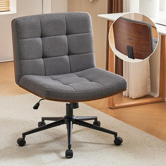 Furnimart Wide Swivel Criss Cross Legged Chair with Wheels, FSC Certified Wooden Desk Chair with Mid-Back Support, Comfy Armless Height Adjustable Vanity Chair for Desk, Bedroom (Linen Gray)
