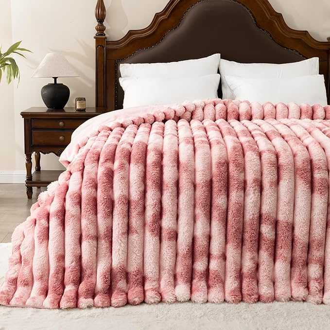 Throw Blanket for Couch - 50" x 60" Faux Rabbit Fur Throw Blanket Cozy Soft Warm Blankets for Bed Sofa Bedroom Living Room Fluffy Striped Blankets for Fall Winter, Home Decor, Pink