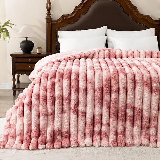 Throw Blanket for Couch - 90" x 90" Faux Rabbit Fur Throw Blanket Cozy Soft Warm Blankets for Bed Sofa Bedroom Living Room Fluffy Striped Blankets for Fall Winter, Home Decor, Pink