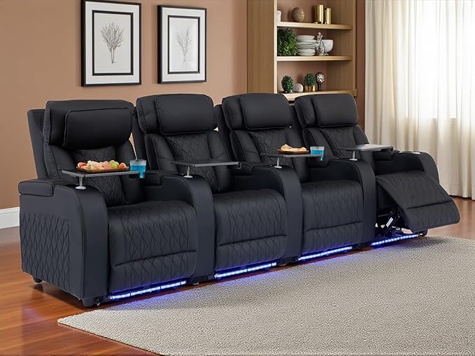 Home Theater Seating Top Grain Leather, Movie Theater Chairs Theater Recliner Sofa with Dual Power Ergonomic Design 7 Colors Ambient Lighting Tray Table Type-C USB Charge (Black, Row of 4)