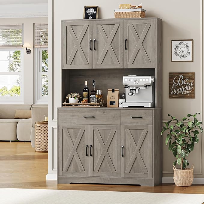 HOSTACK 71" Pantry Cabinet with Charging Station, Tall Kitchen Pantry Storage Cabinet with Microwave Stand, Farmhouse Kitchen Hutch with Storage Drawers for Living Room, Dining Room, Ash Grey