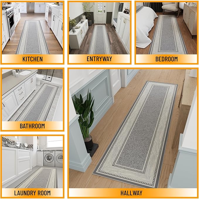 Ottomanson Hallway Runner Rug 2'7" x 9'10" Non Slip Border Area Rugs Easy to Clean Laundry Rug Runner Durable & Pet Friendly Floor Carpet Runners for Hallways Entryway Living Room Kitchen, Light Gray