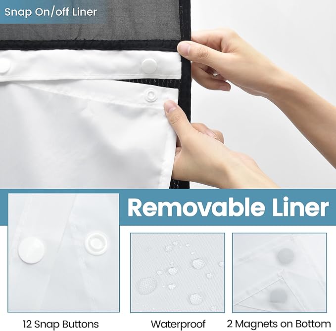Long No Hook Shower Curtain with Snap in Liner,230GSM Waffle Weave Shower Curtains for Bathroom,71W x 80H(78"),Black