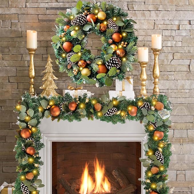 WANNA-CUL Pre-Lit 6 ft/ 72 Inch Christmas Garland with Lights Decoration for Mantle with Copper Gold Christmas Ball Ornaments,Battery Operated 30 LED Lights