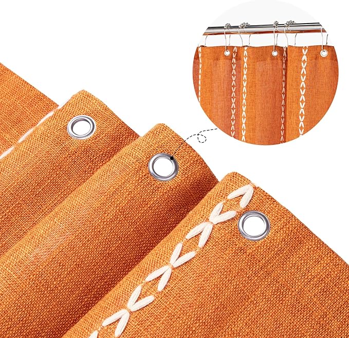 MitoVilla Boho Extra Long Shower Curtain 72 x 84, Orange 84 inch XL Polyester Linen Tassel Fabric Shower Curtain Set with Hooks for Vintage Country Farmhouse Bathroom Decor, Thick & Wrinkle Resistant