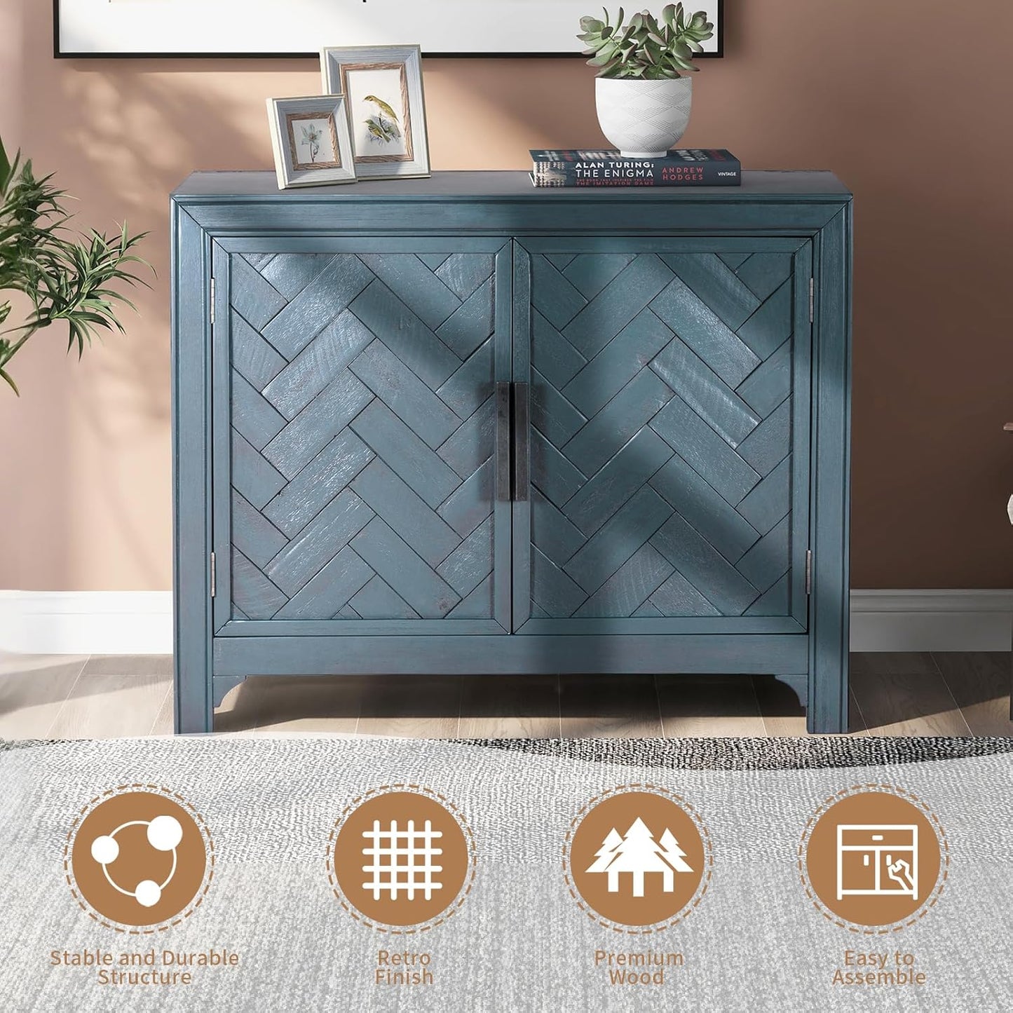 HMFULE 40" Sideboard Cabinet 2-Doors Solid Wood, Retro Buffet Cabinet with Storage Adjustable Shelf, Console Table Accent for Hallway, Living Room, Dining Room, Kitchen, Entry Way (Antique Blue)