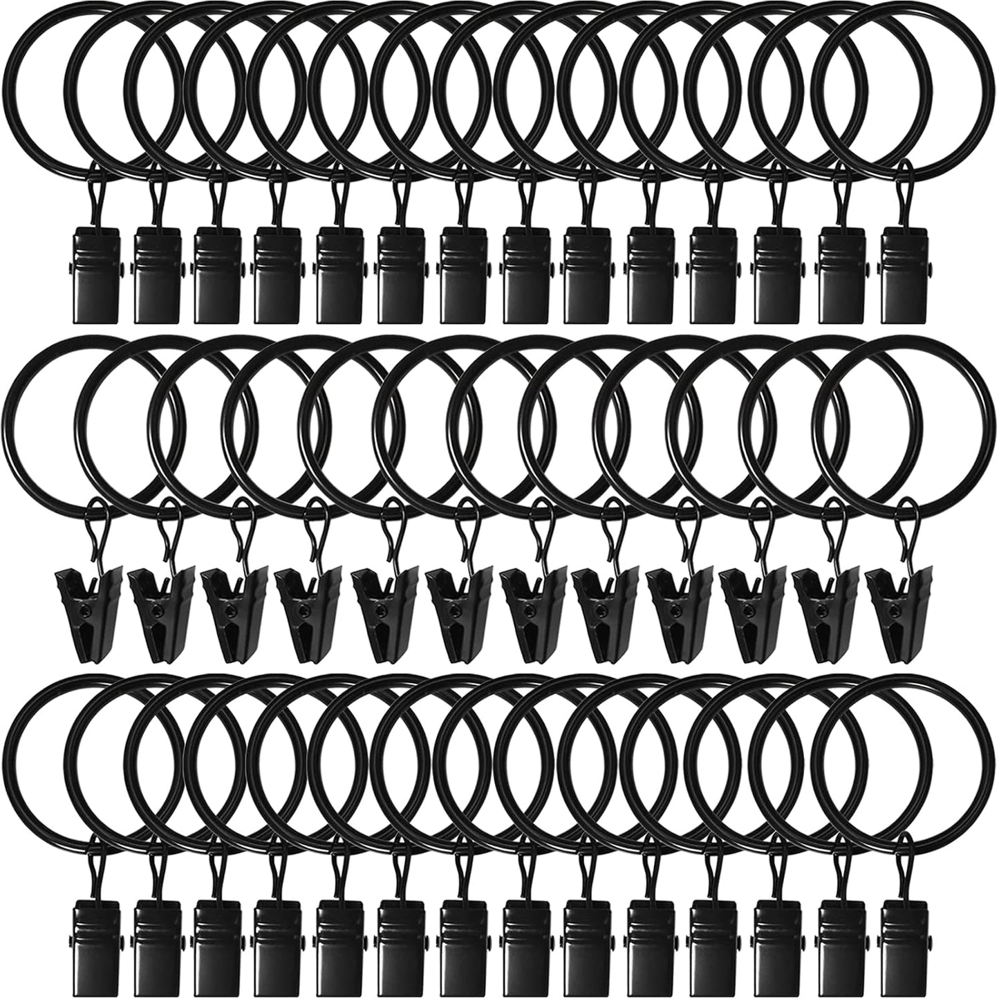 40 Pack Curtain Rings with Clips, Drapery Clips with Rings, Drapes Rings 1.26 in Interior Diameter, Fits up to 1 in Curtain Rod, Black