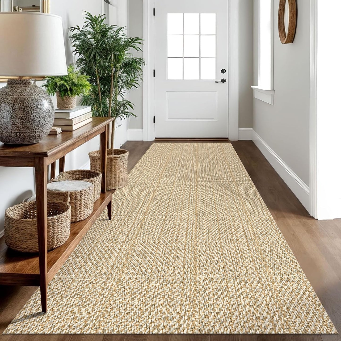 IOHOUZE Washable Runner Rug 3x10 Non Slip Rubber Backed Long Hallway Runner Entryway Runner Indoor, Kitchen Rugs Woven Cotton Floor Carpet for Hall Entrance, Warm Beige/Orange/Apricot