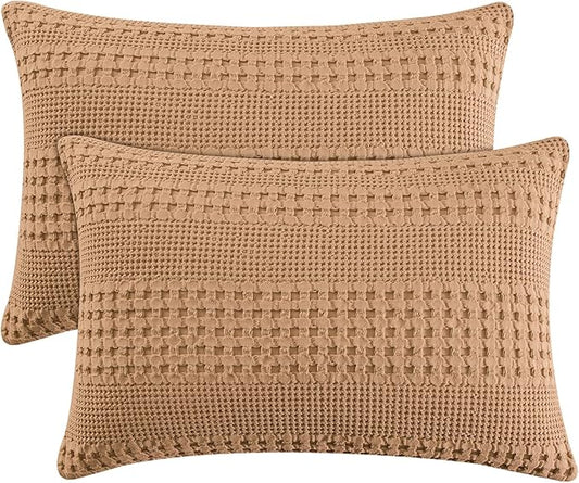 PHF 100% Cotton Waffle Pillow Shams Queen Size, 2 Pack 20" x 30" Soft Skin-Friendly Pillowcases, No Filling, Aesthetic Woven and Breathable Waffle Weave Pillow Case Covers for Bed, Camel
