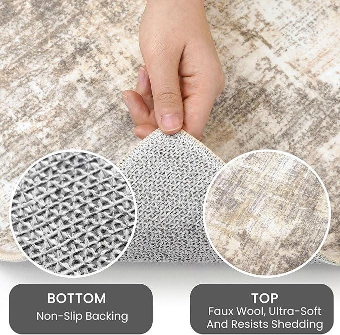 IOHOUZE Round Area Rug 5 Ft Circle Entryway Rugs Round Washable Door Mat Indoor Entrance, Non Slip Circle Front Door Rug, Printed Abstract Faux Wool Floor Carpet for Foyer Porch Sink, Beige Brown