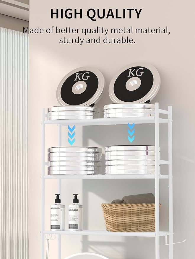 3-Tier Over The Toilet Storage, Space Saver Metal Bathroom Shelves, Freestanding Above Over Toilet Storage Shelf with 4 Hooks for Bathroom, White