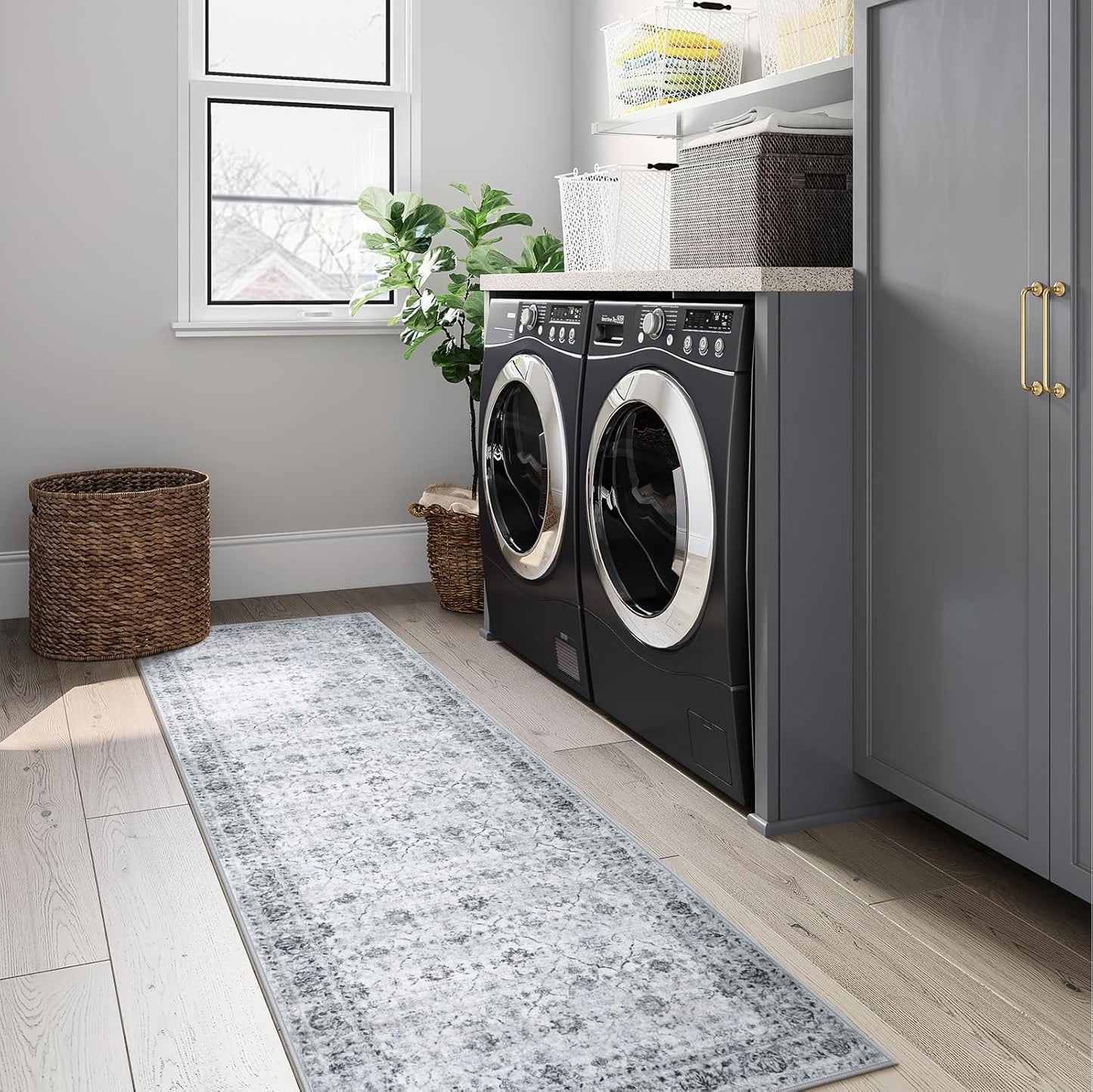 Vintage Kitchen Runner Rug, 2x6 Ultra-Thin Rug Runners for Hallways Non Slip Washable Runner, Stain Resistant Bathroom Runner Rugs for Bedroom Laundry Room Entryway (2'x6', Grey)