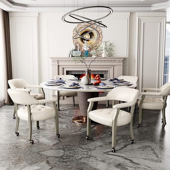 MODERION Dining Chair with Wheels and Arms - Solid Wood Boss Captain's Chair, Office Desk Swivel Accent Chair, Upholstered, 31.5"H for Living Room, White SY1318WT