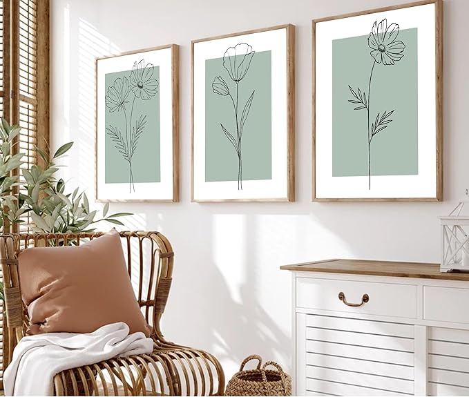 3 pcs of Line Flower Canvas Wall Art Minimalist Flower Paintings Pictures Decor Green Botanical Flower Simplicity Posters Prints for Living Bedroom Bathroom Scene Home Decoration Unframed