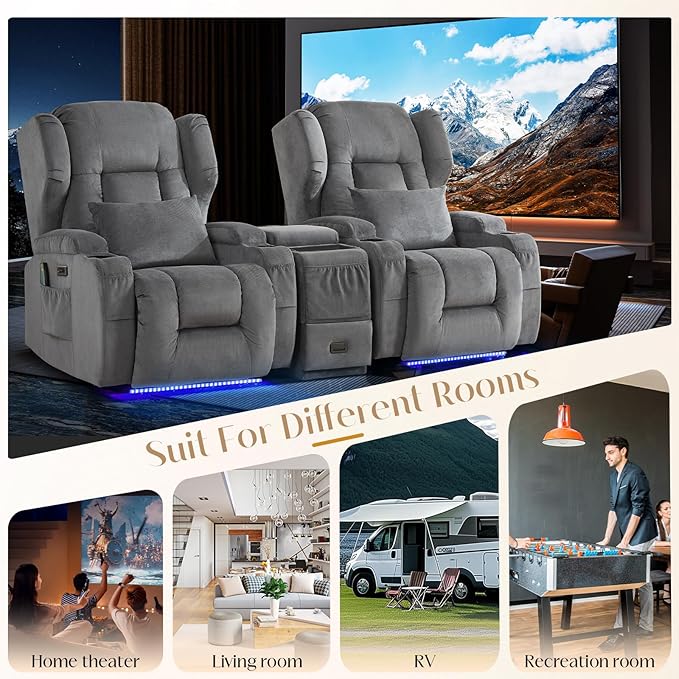 Wall Hugger Power Recliner Chair, Home Theater Seating Electric Recliing Sofa with Massage & Heat, Cup Holder, USB Port, LED Ambient Light, Storage for Living Room (Grey, Chair + Console)