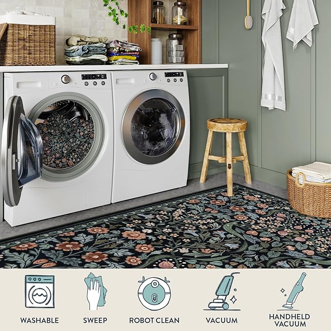 Lahome Floral Kitchen Runner, 2x6 Black Washable Runner Rug Non Slip, Soft Low Pile Stain Resistant Bathroom Laundry Floor Carpet, Boho Thin Long Carpet for Entryway