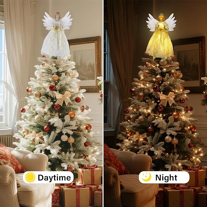 YOFIT 12-inch Lighted Angel Christmas Tree Topper - Battery Operated with Warm White LED Lights, Angel Ornaments for Xmas Tree Decor, Home Holiday Decorations