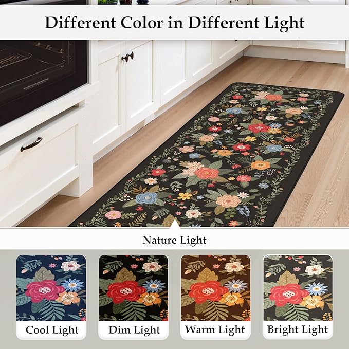 KIMODE Kitchen Mats Cushioned Anti Fatigue, Black Floral Kitchen Rugs Sets of 2, Padded Kitchen Floor Mats Non Slip, Comfort Foam Standing Mats for Laundry Office Sink Desk 17"x47"+17"x29"