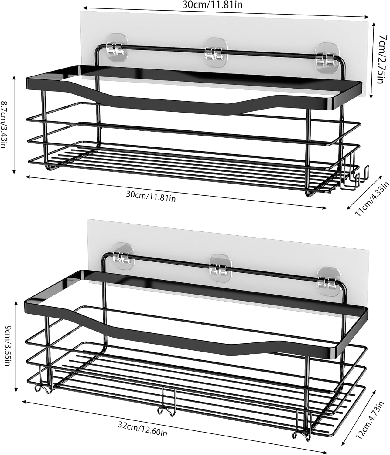 Orimade Adhesive Shower Caddy Shelf with 5 Hooks Organizer Storage Rack Rustproof Wall Mounted Stainless Steel No Drilling for Bathroom, Toilet, Kitchen - 2 Pack,Black