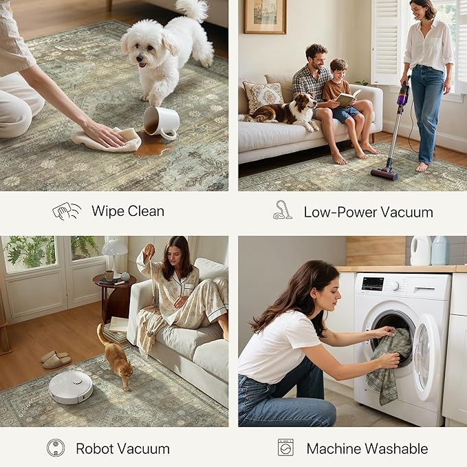 Runner Rug for Hallway Kitchen, 2x10 Machine Washable Runners Rug for Entryway, Soft Modern Boho Throw Rugs, Low Pile Floor Cover with Non Slip Backing, Distressed Light Greyish Sage Green