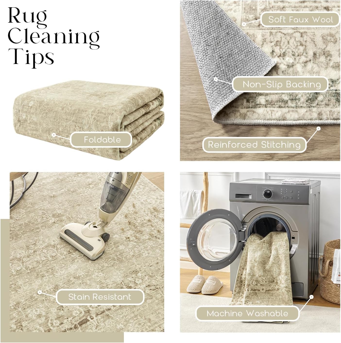 Boho Cream Area Rugs 6x9 for Bedroom Washable Floral Neutral Modern Rug for Living Room,Light Beige and Tan Brown