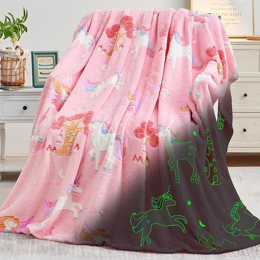 inhand Unicorn Toys Glow in The Dark for Blanket,Unicorn Gifts for Girls Age 1 2 3 4 5 6 7 8 9 10 11 12 13 Birthday Halloween Christmas Cute Soft Room Decor Kids Blanket Pink 50"X60"