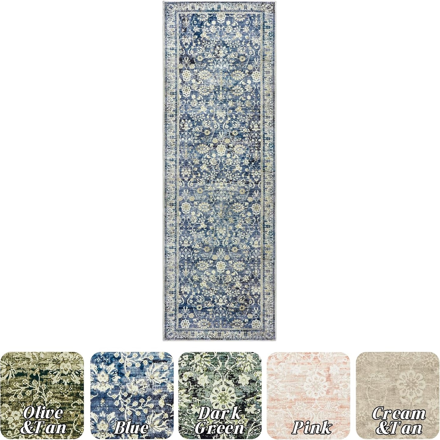 Vintage Design Flower Area Rug Distressed Carpet Multi 2x6 Cover Print Rug Kitchen Living Room Bedroom Dining Room,Blue
