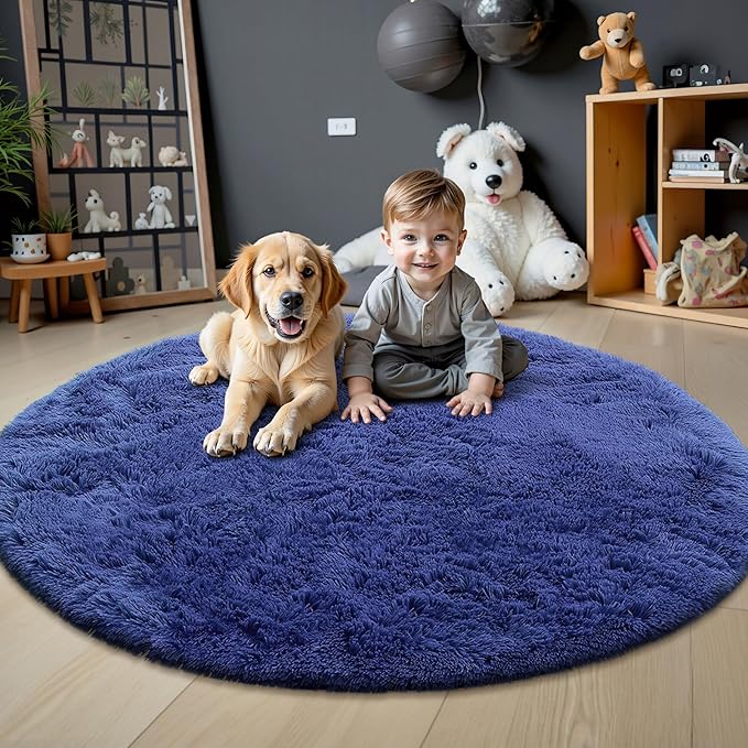 OLANLY Navy Blue Round Rugs for Bedroom - Machine Washable, 5 ft Circle Area Rugs for Living Room, Soft and Fluffy Shaggy Carpet for Teen Girls and Boys, Nursery Rooms, Dorms, Home Decor Aesthetic