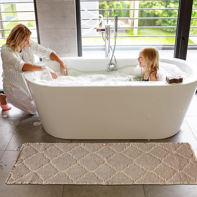 ZALL Tan Waffle Bath Mat,Super Absorbent Non Slip Bathroom Rug,Brown 24X72 inch, Geometric Diamond Machine Washable Ultra Soft Floor Mats
