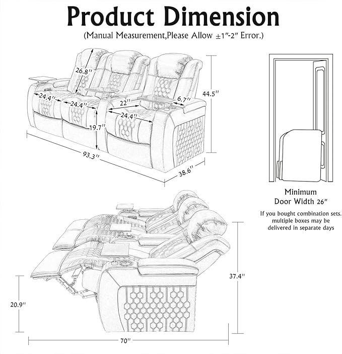 Home Theater Seating, Living Room, Powered Headrest, Powered Lumbar, Italian Leather, Powered Recline, Single Recliner (Coffee Color, Row of 3 Loveseat Left)